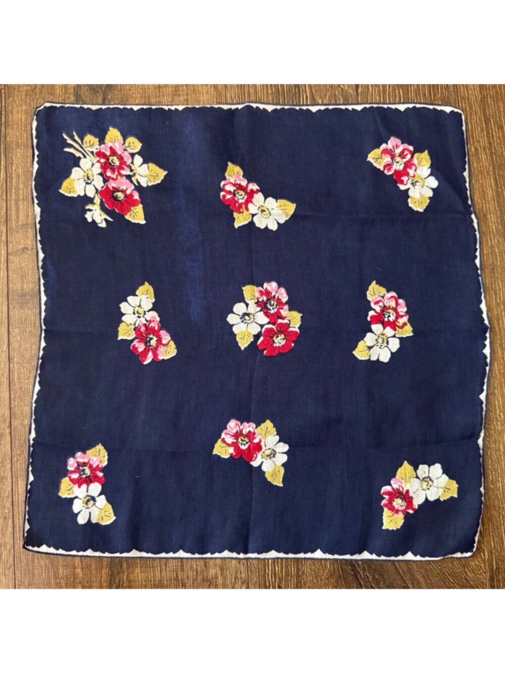 Vintage Handkerchief Dark Blue Cotton with Pink & Red Flowers - Picture 2 of 3